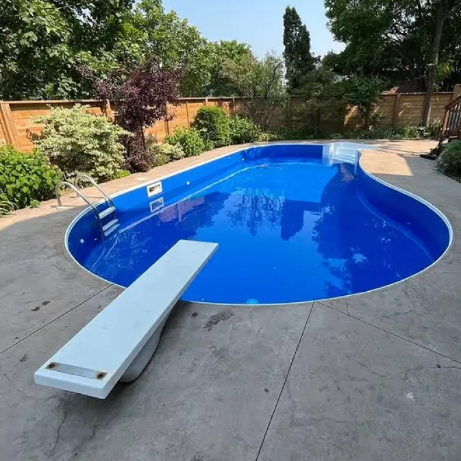 A backyard with a blue pool